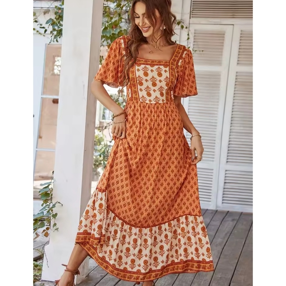 Woman's Paisley Floral Boho Maxi Dress